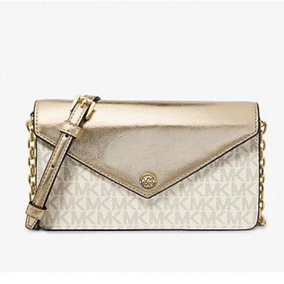 NEW Michael Kors Jet Set Gold Flap Clutch Crossbody Bag PVC Pale Gold Small NWT - Picture 2 of 6